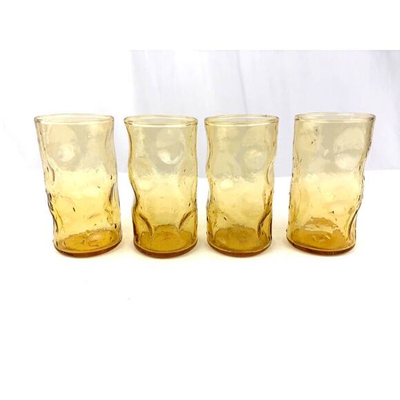 VTG Honey Amber Dimpled Glass Tumblers Pinched Yellow MCM Set of 4 - Picture 1 of 14